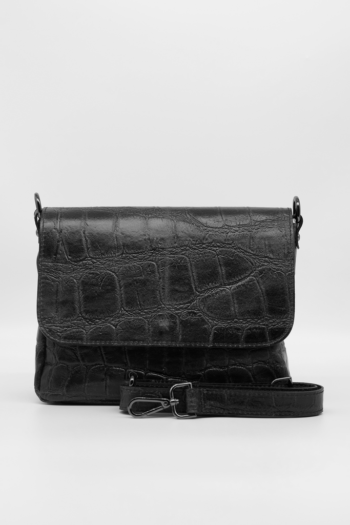 Crossbody-Bag KIM aus Veloursleder mit Kroko-Prägung in schwarz