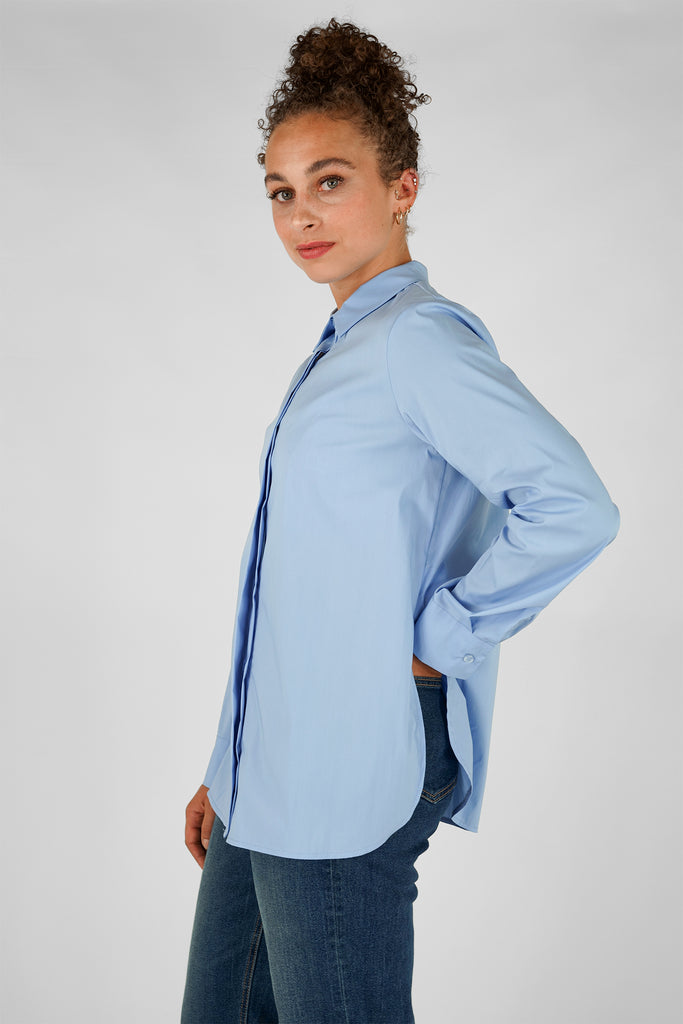 Stretch-Popeline-Bluse aus Baumwolle-Mix in hellblau