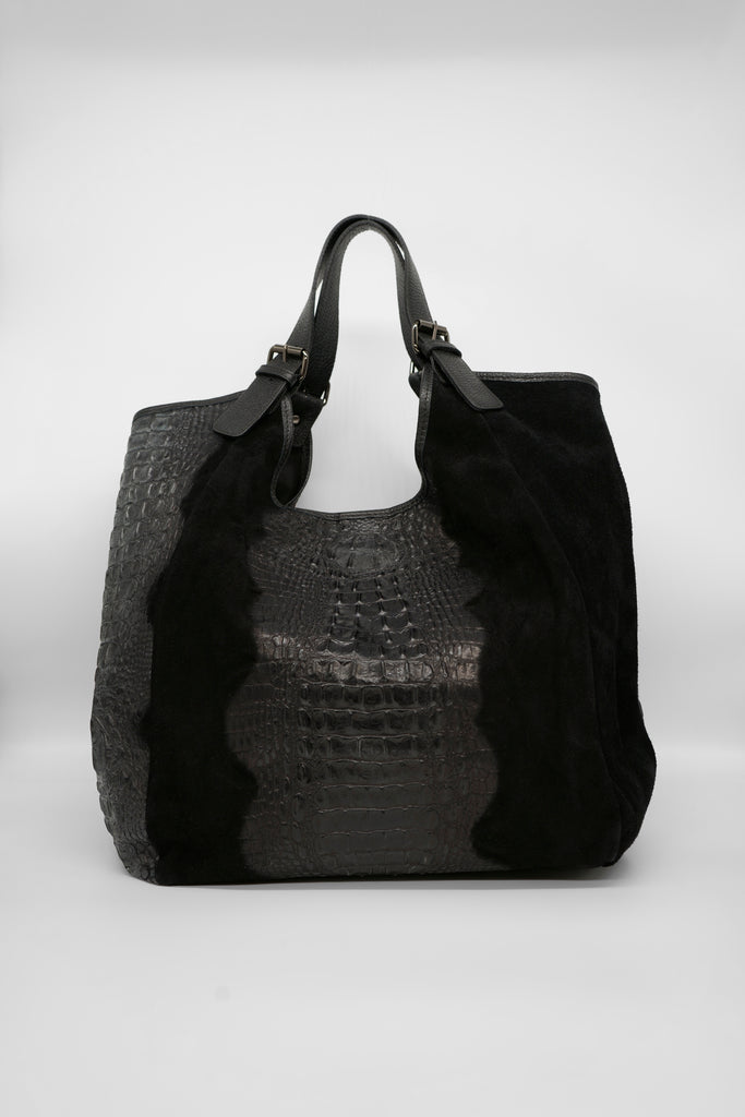 Ledershopper DANA mit Krokoprägung in schwarz